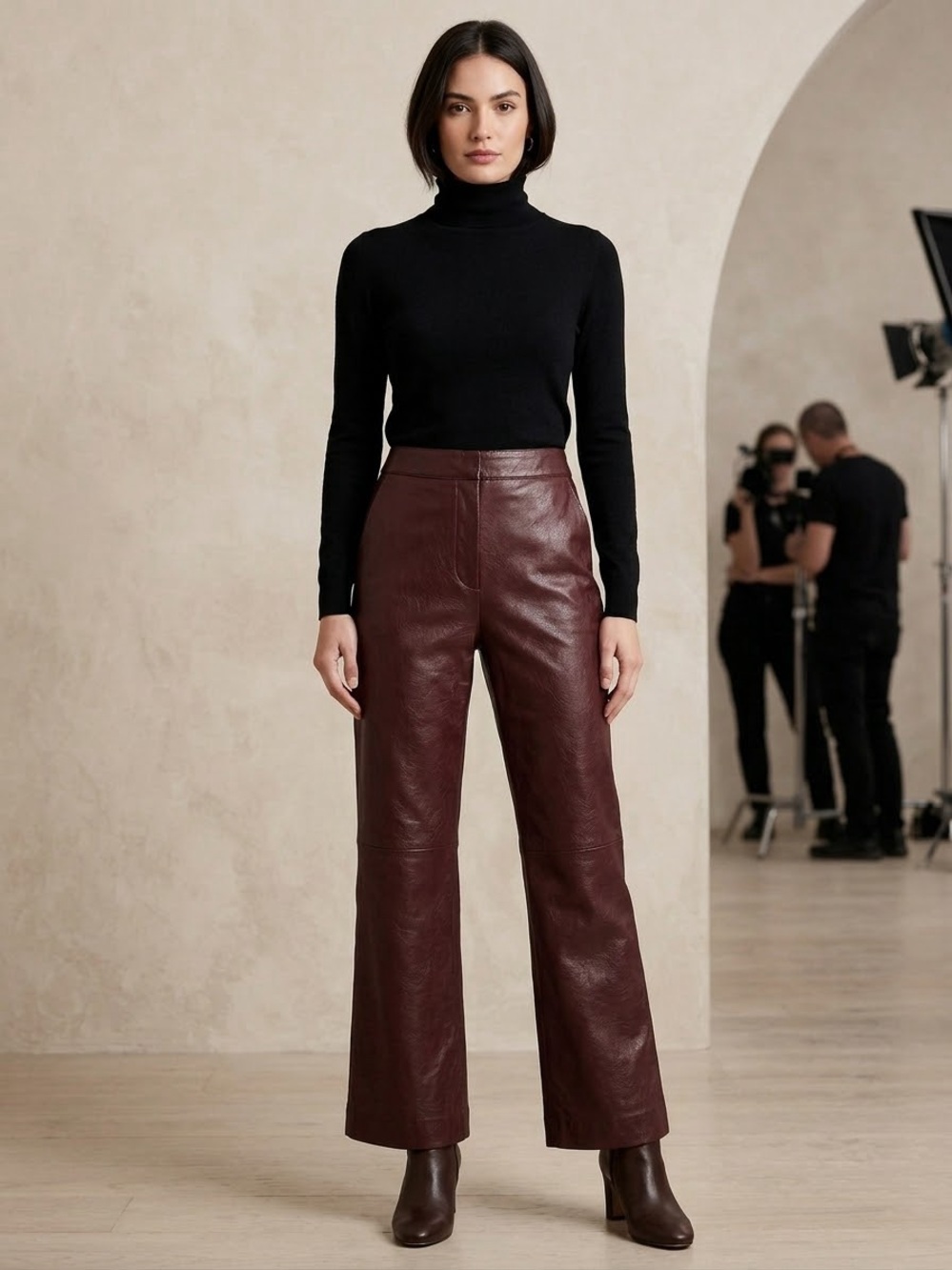Women's 90s Vintage Leather Wide-Leg Pants - Burgundy